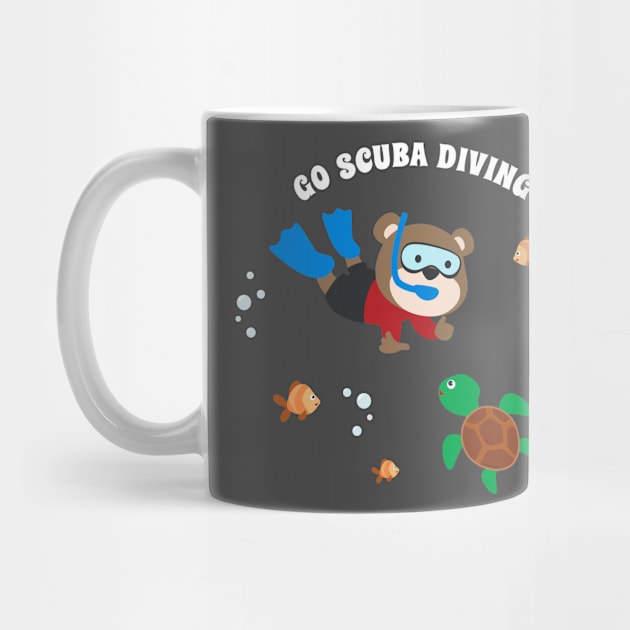 Diving with funny bear and turtle with cartoon style. by KIDS APPAREL